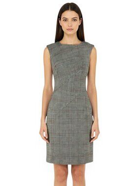 Paule Ka Paris Wool Checked Plaid Sheath Stretch Fitted Sleeveless Dress New 38